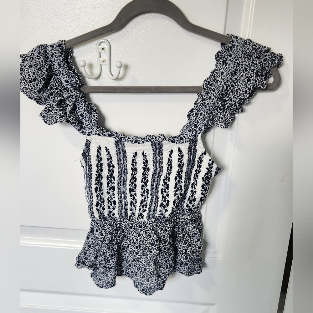 Smocked Floral Print Ruffle Strap Women's Top - Navy & White Sz Xs
